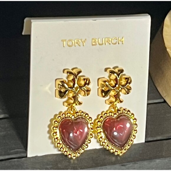 Tory Burch Gold and Pink Roxanne Heart Drops Earrings - Picture 3 of 3